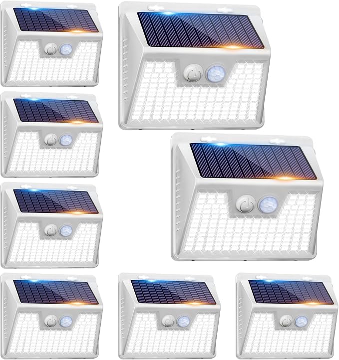 Peasur White Solar Lights Outdoor Waterproof, 8 Pack 140LED Bright Motion Sensor Security Lights 3 Modes, Solar Powered Fence Wall Light for Garden Yard Outside