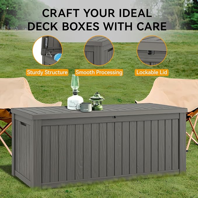 Outdoor Storage Box, 180 Gallon Resin Deck Boxes Outdoor Waterproof For Patio Furniture, Garden Tools, Pool Supplies, Lockable And UV Resistant (Striped Gray)
