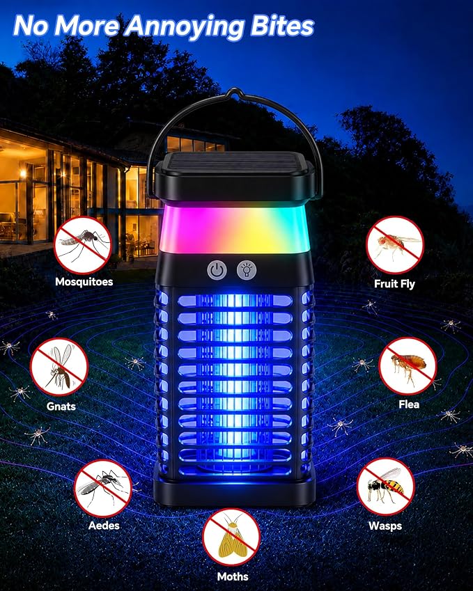 Solar Bug Zapper Outdoor/Indoor, 4000V Electric Mosquito Zapper with Flickering Flame & RGB Atmosphere Light, Cordless Waterproof Rechargeable Mosquito Repellent Outdoor Patio Backyard, Camping, RV