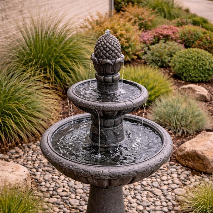 Teamson Home Deluxe Pineapple Pedestal 2 Tiered Floor Waterfall Fountain with Pump for Outdoor Patio Garden Backyard Decking, 39 Inch Height, Iron Gray | Waterfall Fountain with Pump, Garden Patio Yard Décor, Durable Polyresin, Weatherproof, Iron Gray