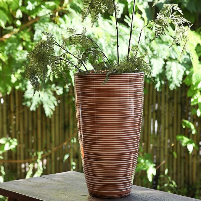 SUN-E Tall Planters for Outdoor Plants 2Pack, 21-Inch Large Striped Planter with Removable Insert Shelf,Ribbed Coffee&Milk Finish Tall Flower Pots for Front Porch Deck Boho Home Decor For Plant Lovers