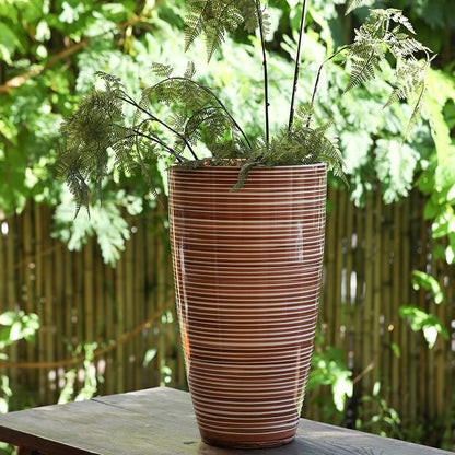 SUN-E Tall Planters for Outdoor Plants 2Pack, 21-Inch Large Striped Planter with Removable Insert Shelf,Ribbed Coffee&Milk Finish Tall Flower Pots for Front Porch Deck Boho Home Decor For Plant Lovers