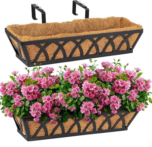 2 Pack 24IN Window Box Railing with Adjustable Brackets, Hanging Flower Planter Basket with Coco Liner for Outdoor Balcony Porch Fence Patio (Black)