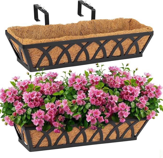 2 Pack 32IN Window Box Railing with Adjustable Brackets, Hanging Flower Planter Basket with Coco Liner for Outdoor Balcony Porch Fence Patio (Black)
