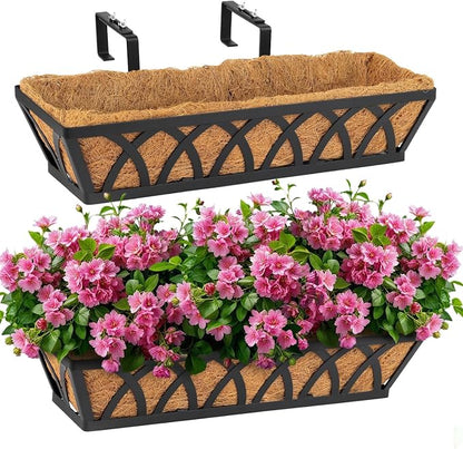 2 Pack 32IN Window Box Railing with Adjustable Brackets, Hanging Flower Planter Basket with Coco Liner for Outdoor Balcony Porch Fence Patio (Black)