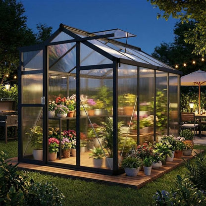 Garvee 6x8ft Walk-in Greenhouse, Heavy Duty Large Outdoor Green House | Polycarbonate Garden Greenhouse with Roof Vent, Lockable Smooth-Gliding Sliding Door & Aluminium Frame for Backyard, Grey