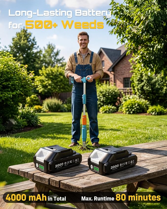 Seesii Electric Stand Up Weed Puller Tool with 2 x 2000mAh Batteries | 20V Battery Powered, Adjustable Handle, 3-Claw Steel Head, Dandelion Remover & Crabgrass Puller for Garden Lawn Yard