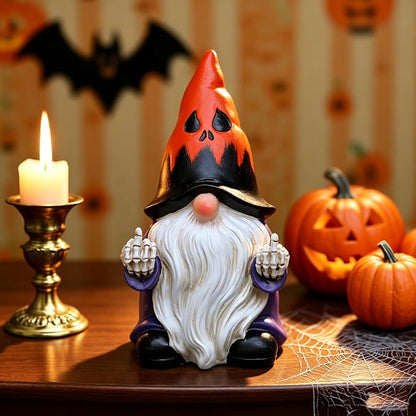 Halloween Middle Finger Gnome Statue with Skeleton Hands - Spooky Ghost Face Hat Resin Figurine 7.8in, Weather Resistant Indoor Outdoor Decor for Patio Yard Halloween Party, Novelty Edgy Gift