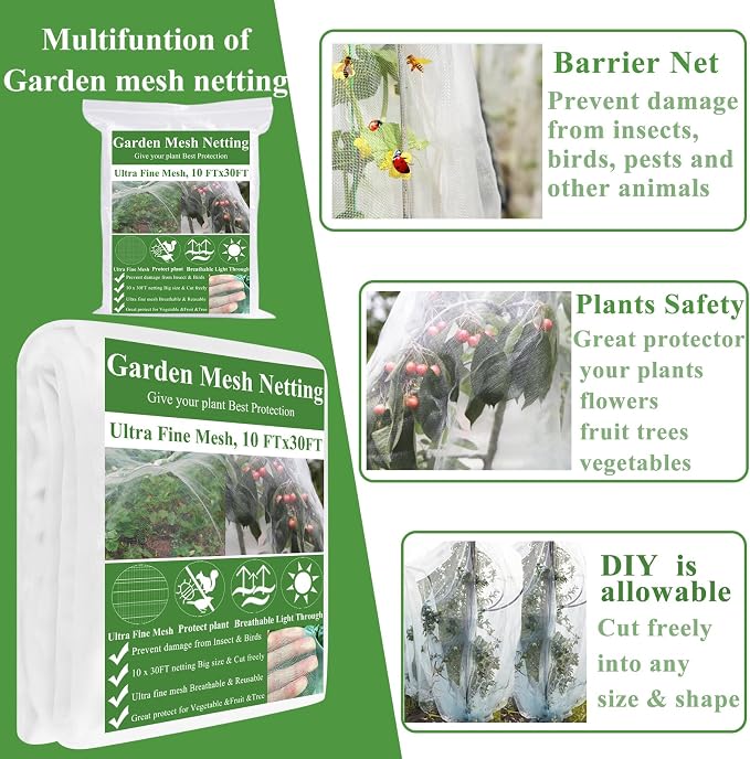 Garden Mesh Netting Kit, 10 * 30FT Ultra Fine Netting Plant Covers with 6 Pcs Wide Garden Hoops & 18 Clip, Garden Netting Kit for Raised Beds Plants Greenhouse Row Cover Barrier Protection Net