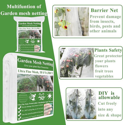 Garden Mesh Netting Kit, 10 * 30FT Ultra Fine Netting Plant Covers with 6 Pcs Wide Garden Hoops & 18 Clip, Garden Netting Kit for Raised Beds Plants Greenhouse Row Cover Barrier Protection Net