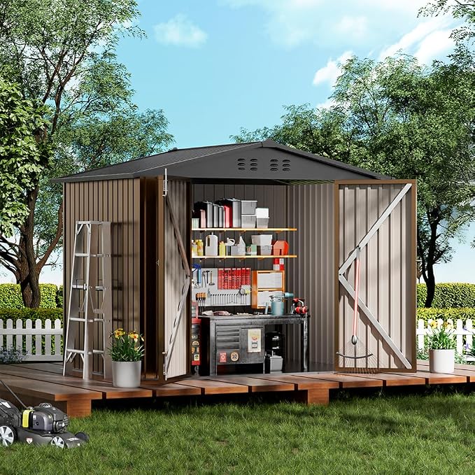COMHOMA Shed Outdoor Storage Shed Metal,Lockable Doors Tool Sheds with Sloping Roof,Steel Garden Shed with Air Vent for Backyard,Patio,Lawn,Poolside(Brown,8'x6') | Sloping Roof and Air Vent Perfect for Backyard Patio Lawn and Poolside