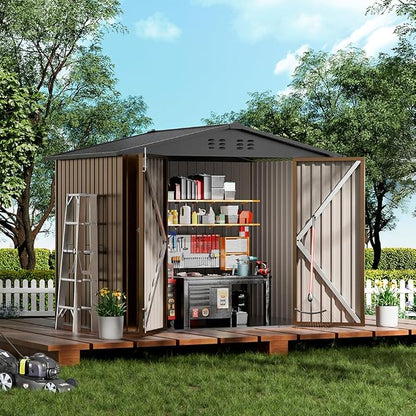 COMHOMA Shed Outdoor Storage Shed Metal,Lockable Doors Tool Sheds with Sloping Roof,Steel Garden Shed with Air Vent for Backyard,Patio,Lawn,Poolside(Brown,8'x6') | Sloping Roof and Air Vent Perfect for Backyard Patio Lawn and Poolside