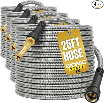 Bionic Steel Pro 25 FT Garden Hose with Nozzle, 304 Stainless Steel Metal WaterHose 25Ft, Flexible, Kink Free, Lightweight and Durable, Crush Resistant Fitting, 500 PSI 2025 Model (Pack of 4)