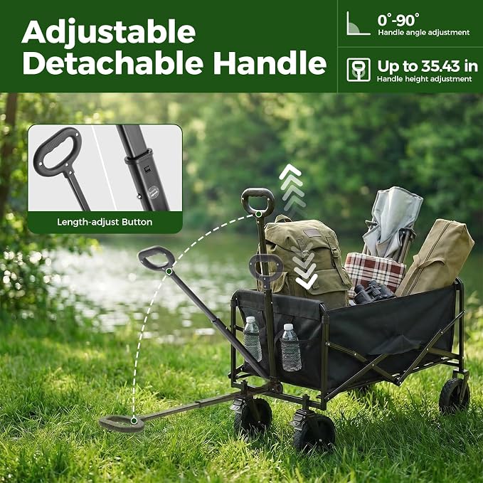 DUMOS Collapsible Wagon Cart, Heavy Duty Foldable Utility Wagon with Lockable Brake Wheels – 330 lbs Capacity, Flexible Handle for Beach, Garden, Sports, Grocery & Camping, Black