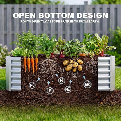 AHEONLAR 2 Pack 8×4×1.5ft Galvanized Raised Garden Beds Outdoor, Rectangle Sturdy and Durable Planter Boxes for Vegetables, Fruits, Flowers and Plants, Easy Assembly, Silver