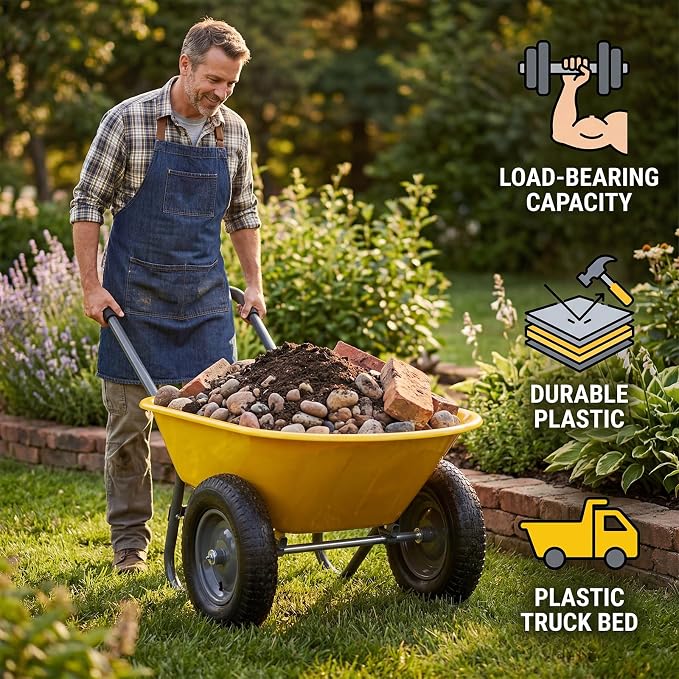 Garvee Wheelbarrow Garden Cart, Heavy Duty Home Utility, Dual-Wheel Home Garden Yard Utility Wheelbarrow Cart with Built-in Stand, (Yellow)