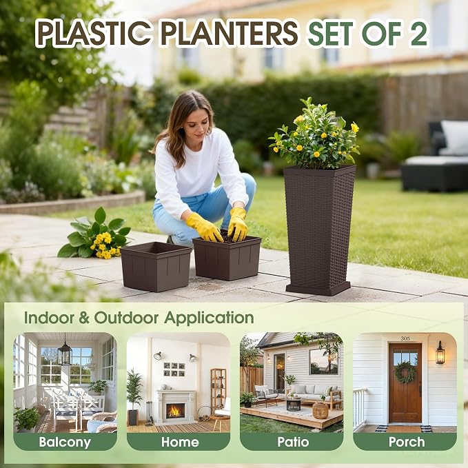 Set of 2 24 Inch Tall Plastic Planters with Drainage Saucers, Rattan Pattern UV Resistant Indoor Outdoor Flower Pots for Patio Garden Balcony Decor, Brown