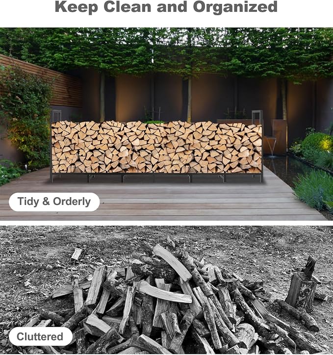 8ft Outdoor Firewood Rack Holder with 14 Support Legs for Fire Wood Pile Storage, Adjustable Heavy Duty Log Stacker Stand Organizer, Black