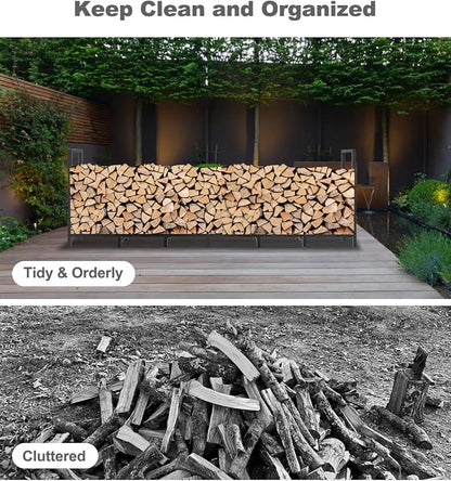 8ft Outdoor Firewood Rack Holder with 14 Support Legs for Fire Wood Pile Storage, Adjustable Heavy Duty Log Stacker Stand Organizer, Black