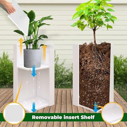 Metal Heavy Planter for Outdoor Plants Box 14"x14"x30" Metal Planter Spliced Planter Box with Removable Insert Sherf for Outside,Indoor,Garden (White, 14 * 14 * 30)