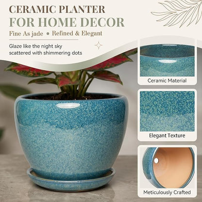 9.5 Inch Ceramic Plant Pot with Drainage Hole Mesh Net,Modern Gardening Pots for Indoor Plants with Saucer, Crackle Blue
