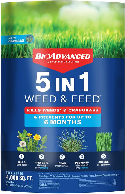 BioAdvanced 5-in-1 Weed and Feed Granules - Kills Lawn Weeds & Crabgrass - Feeds, Greens & Strengthens Lawn - Treats Up to 4,000 Square Feet - 9.6 lb Bag