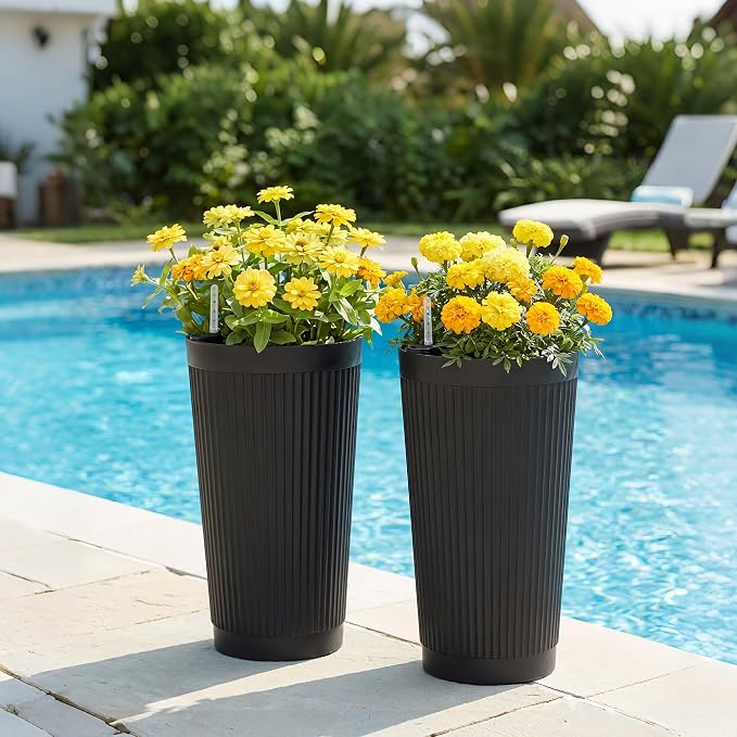 TUYOHW Set of 2 Large Round Tall Planter for Indoor or Outdoor 24" Flower Pots for Porch, Patio, Backyard, Large Planters for Outdoor Indoor Plants