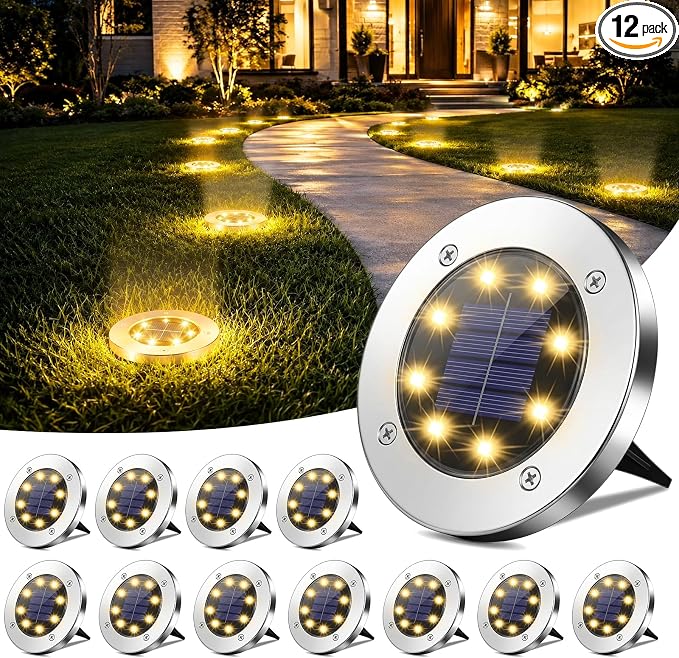 OULONGER Solar Lights Outdoor Waterproof, 12 Pack Solar Ground Lights with Large Capacity Battery, High Efficiency Solar Powered Lights for Outdoor Garden, Patio, Pathway and Yard (Warm Light)