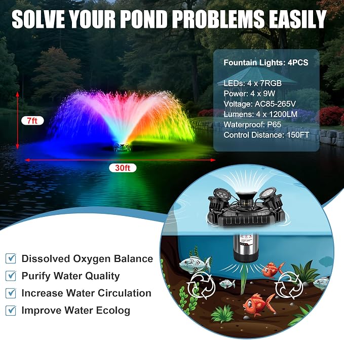 Goldlife Pond Fountain Aerator, F3 With 4 RGB Lights, 1HP 750W 110V Stainless Steel Floating Fountain With 100FT Power Cord Black Octagon Aerating Fountain Pump for Small Large Pond Lake