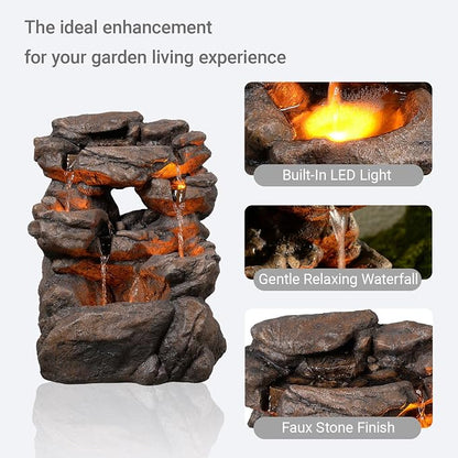 Outdoor Waterfall Fountain 20.5" Tiered with LED Lights, Natural Rock Design, Weatherproof Resin – Waterfall Fountain for Garden, Patio, Yard 24393