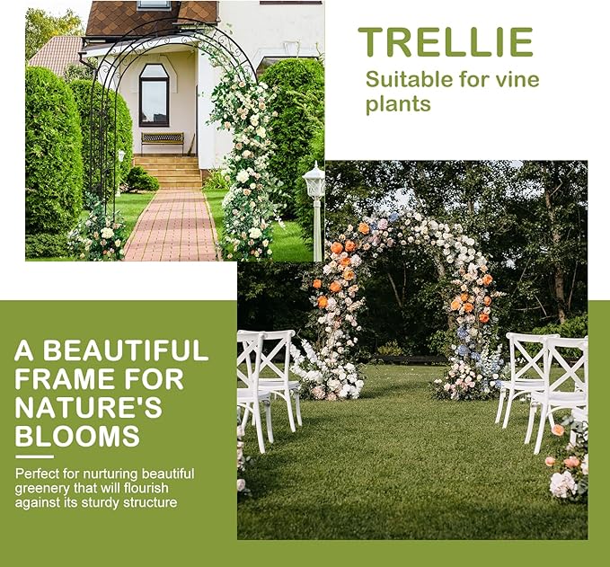 Outvita 7FT Metal Garden Arch Arbor, Black Trellis Frame | Heavy duty metal arbour with 7 in ground stakes; for roses, vines, lawn, patio, wedding & party decor