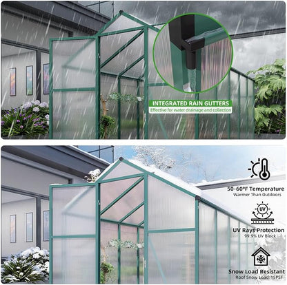 6x10 FT Greenhouse, Walk-in Heavy Duty Polycarbonate Outdoor Greenhouses with Raised Base & Anchor, Height-Enhanced Aluminum Frame, & Drainage System for Backyard All Season Growing, Green