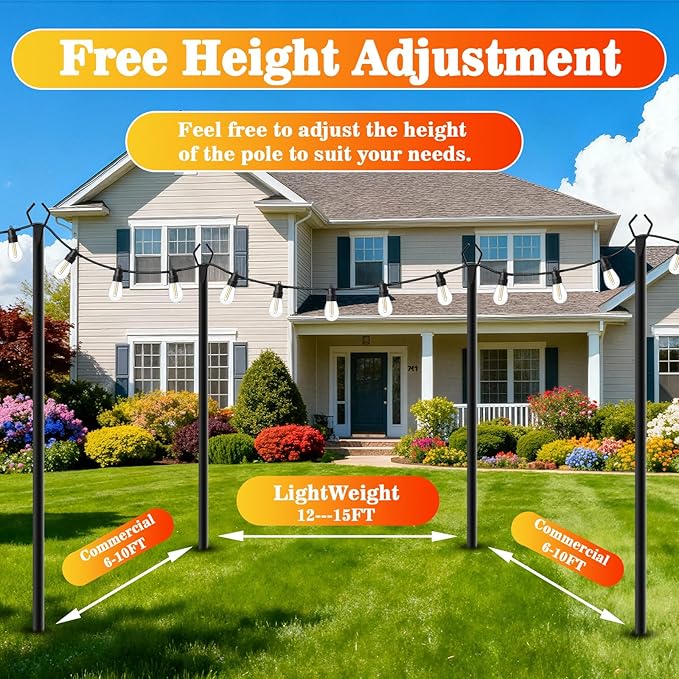 AHRLHR 8 Pack String Light Poles, Outdoor String Light Pole 10 ft Forked Metal Light Pole with Adjustable Outdoor Light Stand, Deck, Backyard, Garden, Wedding, Rustproof and Sturdy with Hooks.