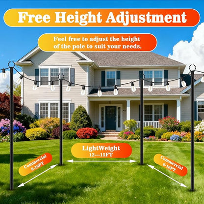 AHRLHR 10 Pack String Light Poles, Outdoor String Light Pole 10 ft Forked Metal Light Pole with Adjustable Outdoor Light Stand, Deck, Backyard, Garden, Wedding, Rustproof and Sturdy with Hooks.