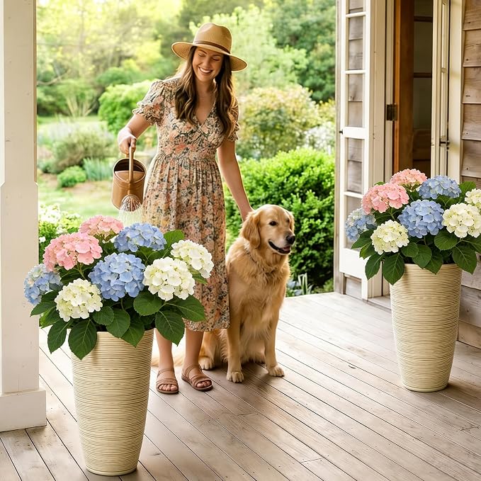 23.5" Ivory Speckled Tall Planters Set of 2 with Drainage Holes | Large Tapered PP Plastic Pots With Vertical Stripe Texture For Indoor and Outdoor Plants, Patio, Garden, Porch, or Entryway
