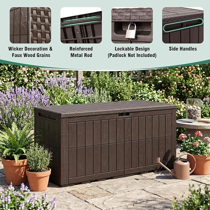 Tangkula 120 Gallon Outdoor Storage Box, Waterproof PP Resin Patio Storage Box with Lockable Lid for Indoor & Outdoor Use, 2-in-1 Rattan Design Deck Box for Cushions, Garden Tools