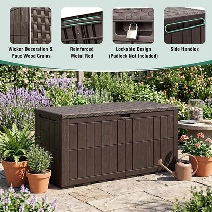 Tangkula 120 Gallon Outdoor Storage Box, Waterproof PP Resin Patio Storage Box with Lockable Lid for Indoor & Outdoor Use, 2-in-1 Rattan Design Deck Box for Cushions, Garden Tools