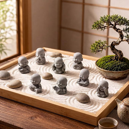Hoteam 8 Pcs Laughing Buddha Statue Small Zen Monk Praying Sandstone Sculptures for Luck Feng Shui Decor Car Dashboard Home Living Room Office Desk Decor (Classic)