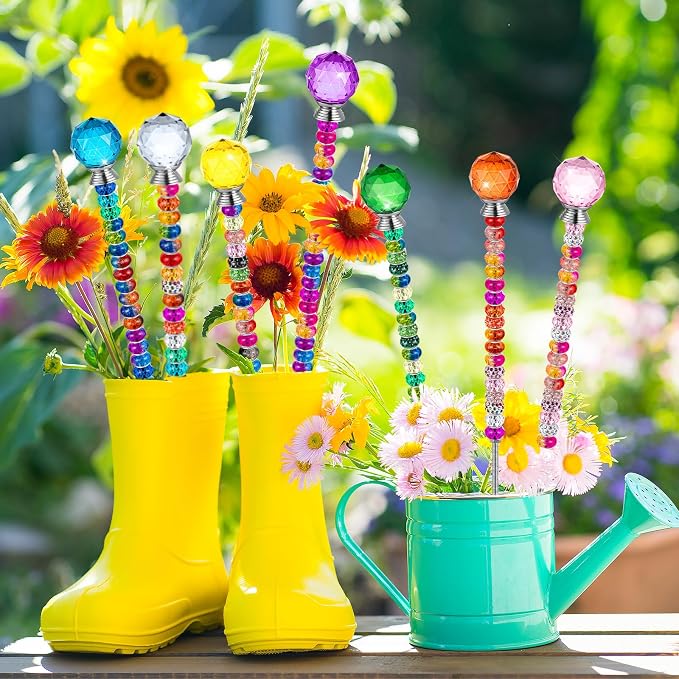 230 Pcs Beaded Garden Stakes DIY Fairy Wand Kit | 200 Colorful Assortment Round Large Hole Beads, 10 Round Stopper Top, 10 Threaded Rod & 10 Nuts, Outdoor Decoration