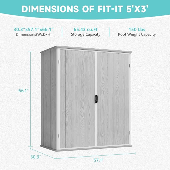 Greesum 5X3FT Plastic Storage Shed with Floor, Resin Outdoor Storaged Shed with Lockable Door, Easy Assembly All-Weather Tool Sheds for Yard, Patio, Garden, Light Gray (4.7×2.5FT)