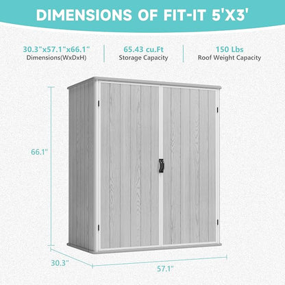 Greesum 5X3FT Plastic Storage Shed with Floor, Resin Outdoor Storaged Shed with Lockable Door, Easy Assembly All-Weather Tool Sheds for Yard, Patio, Garden, Light Gray (4.7×2.5FT)