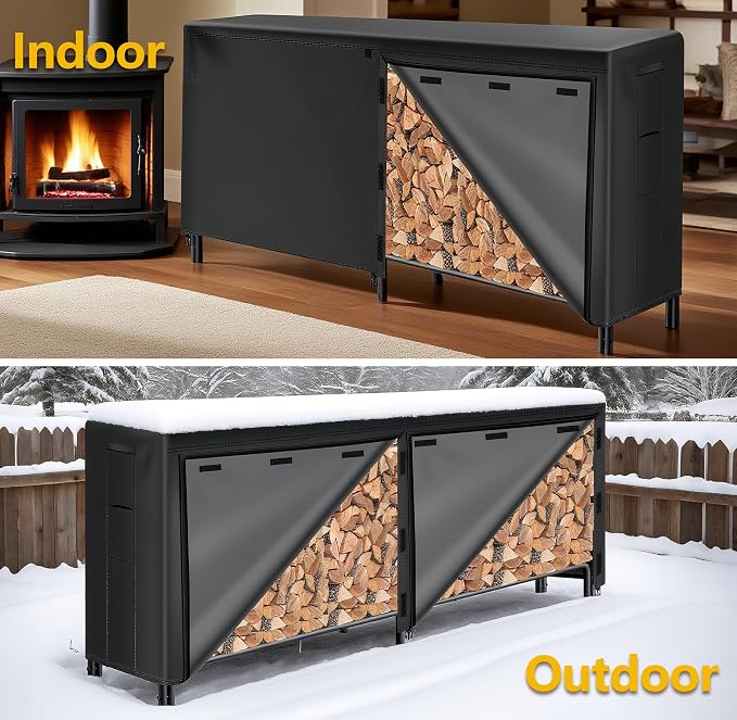 Amagabeli 6ft Firewood Rack Outdoor with Cover Heavy-Duty Wood Racks Indoor for Fireplace Log Holder Fire Wood Storage Rack and Cover Set Black