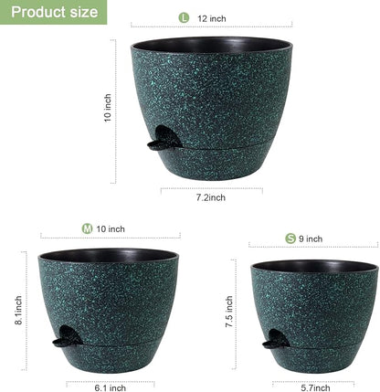 WSMKSZ 12/10/9 inch Large Self Watering Pots, Planter, Plant Pots with Mesh Drainage Holes for Indoor Outdoor Garden Plants, Plastic Flower Pots with Deep Reservoir, Black with Green Speckles