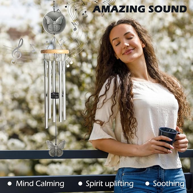 Butterfly Wind Chimes for Outside,29 "29 "Outdoor Wind Chime Butterfly Gifts for Women/Mother/Father/Christmas,Unique Windchimes Outdoors Butterfly Garden Patio Home Yard Decor(Silver)