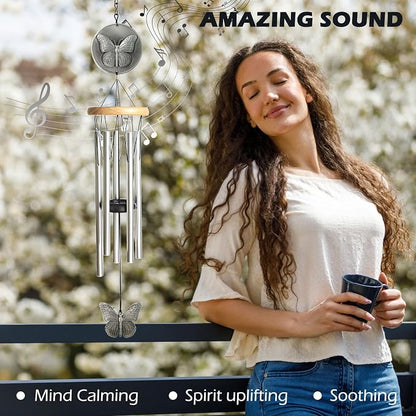 Butterfly Wind Chimes for Outside,29 "29 "Outdoor Wind Chime Butterfly Gifts for Women/Mother/Father/Christmas,Unique Windchimes Outdoors Butterfly Garden Patio Home Yard Decor(Silver)