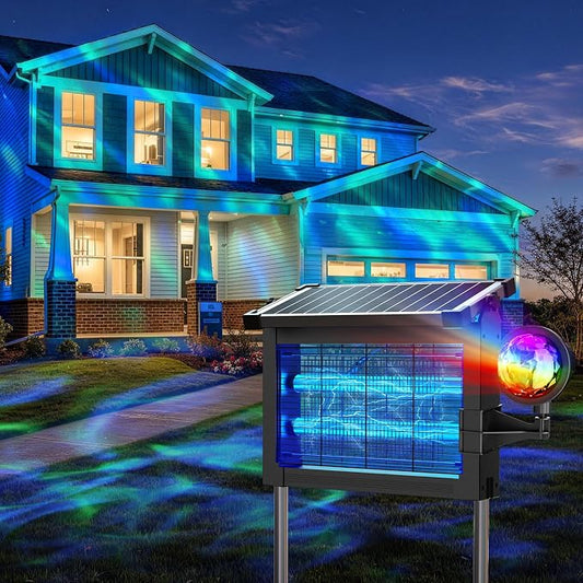 Solar Bug Zapper Outdoor with Projector Lights, Waterproof Mosquito Zapper, 4500V Electric Bug Zapper Indoor with Smart Light Sensor, Mosquito Trap Fly Zapper for Patio Backyard Kitchen RV Camping