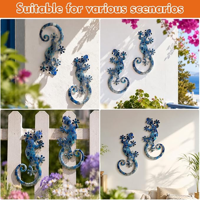 LIFFY Metal Gecko Wall Decor 2 Pack, Outdoor Lizard Wall Art, Metal Lizards Wall Decor, Gecko Wall Art for Home Garden Yard Fence (15 inch)