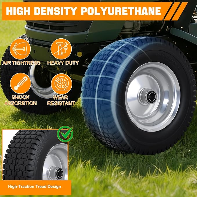Yesker 13x5.00-6 Flat Free Lawn Mower Tire and Wheel Assembly with 3/4" Bearing Bore, 13x5-6nhs Solid Riding Lawnmower Tires with 3" Center Hub, 2 Pack