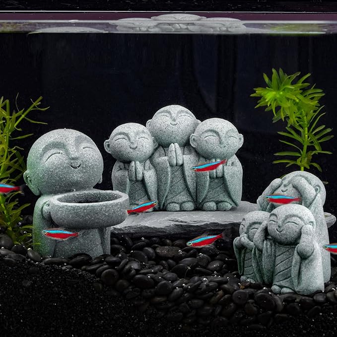 Mini Zen Monk Praying Statue Small Buddha Jizo Figurine Sandstone Feng Shui Sculpture Ornament for Fish Tank Decor Home Garden Good Luck Decoration - No Evil