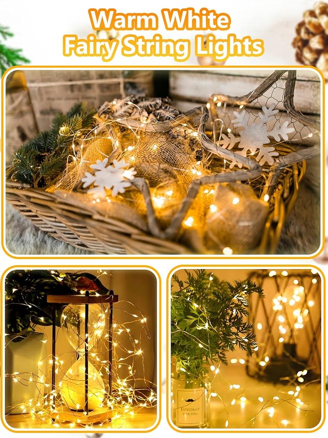 4 Pack Fairy Lights Battery Operated with Remote 33FT 100 LED Warm White | Remote Control, 8 Modes, Timer, Adjustable brightness, Waterproof Lights for Indoor Outdoor Classroom Christmas Decor